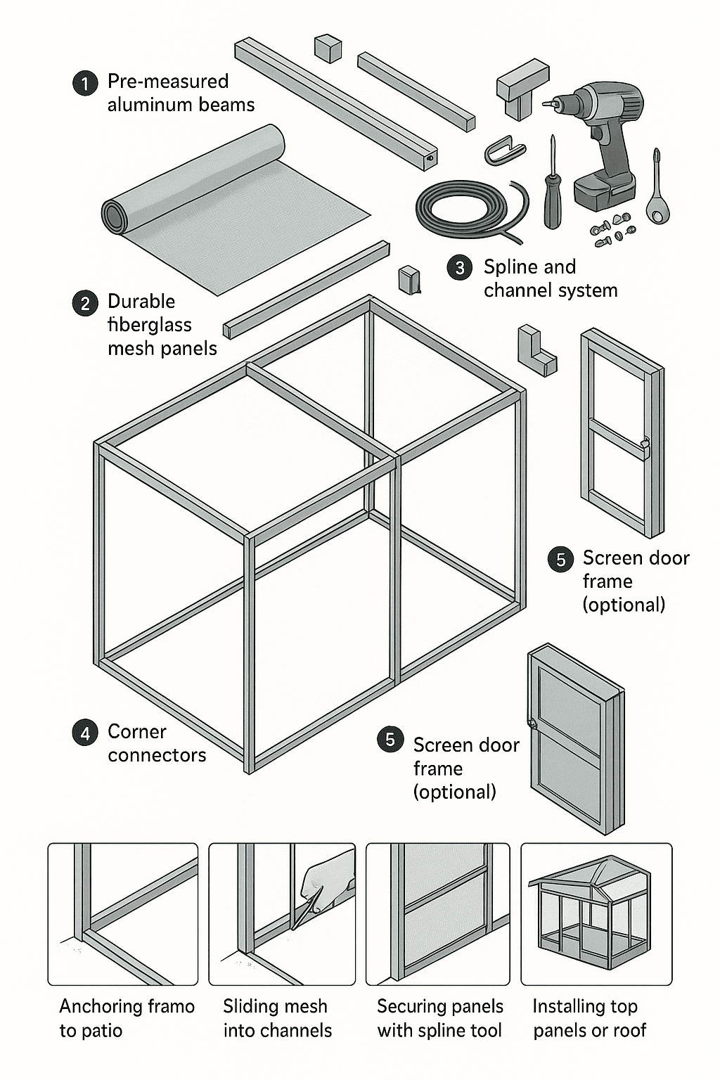 Lanai Screen Enclosure Kit – Exploded View Diagram / Step-by-Step Visual
