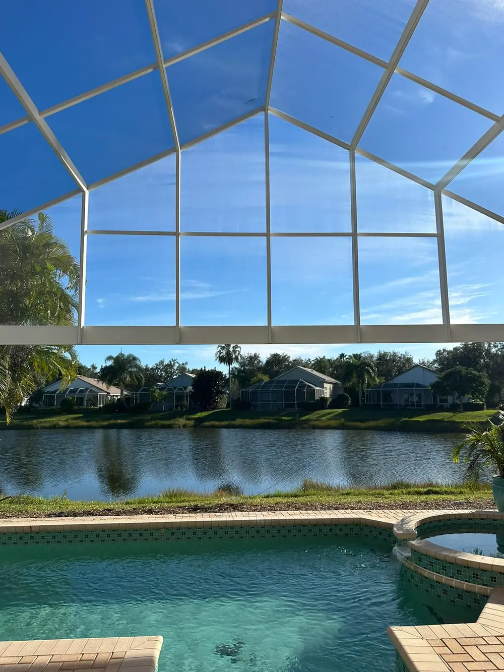 Panoramic view screen enclosure conversion with wide screen panels and a lake view behind a Sarasota home